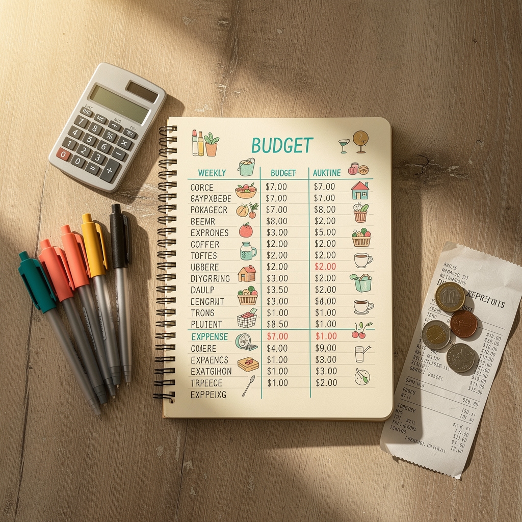 Cuaderno de presupuesto doméstico sobre una mesa de trabajo