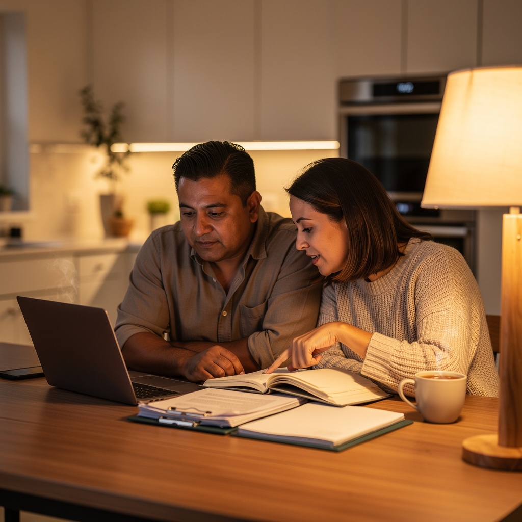 Familia revisando sus finanzas domésticas juntos