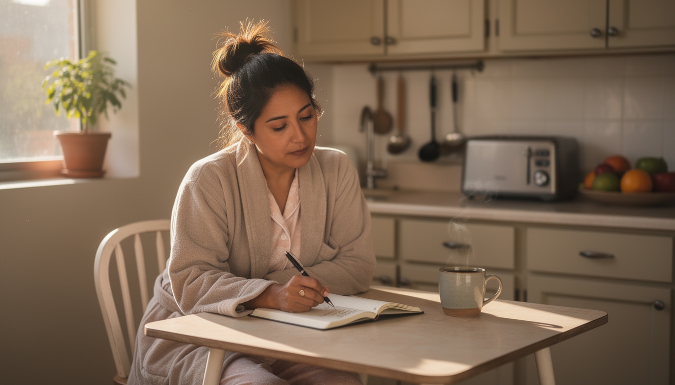 Persona revisando sus finanzas semanales con un café por la mañana